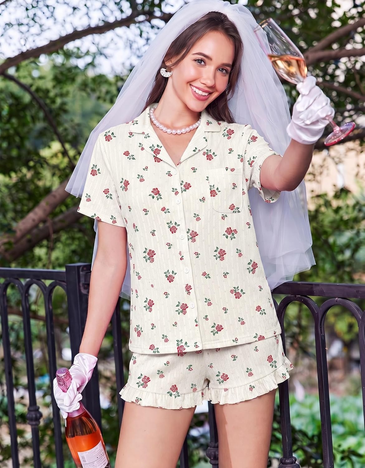 image:imageEkouaer Womens Pajamas Sets Button Down Pjs Cute Short Sleeve Sleepwear Pointelle Fabric PyjamaRuffle Edges ShortsClassic Notch Neck ShirtChest PocketCute LoungewearBridal Party NightwearFloral