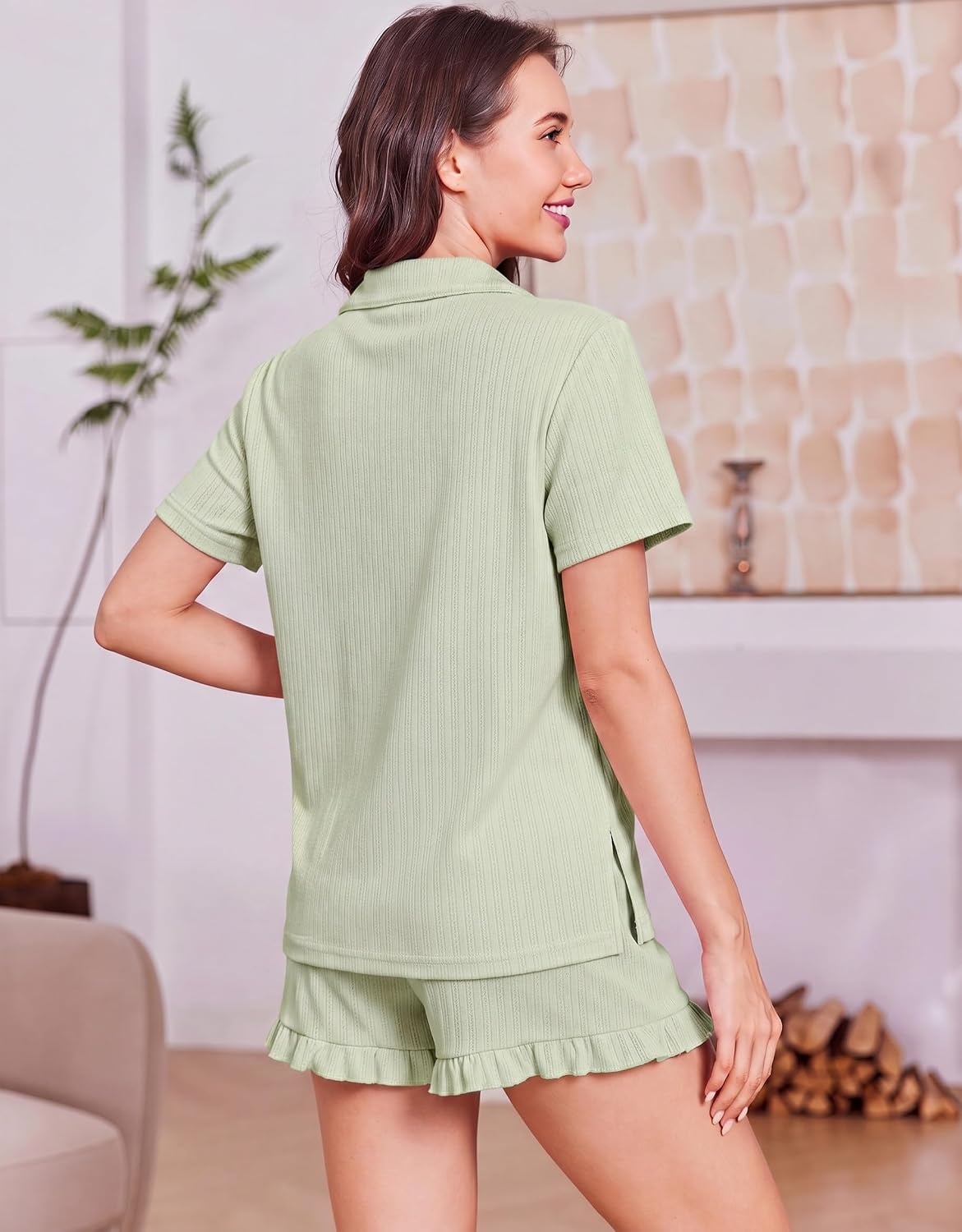 image:imageEkouaer Womens Pajamas Sets Button Down Pjs Cute Short Sleeve Sleepwear Pointelle Fabric PyjamaRuffle Edges ShortsClassic Notch Neck ShirtChest PocketCute LoungewearBridal Party NightwearLight Green