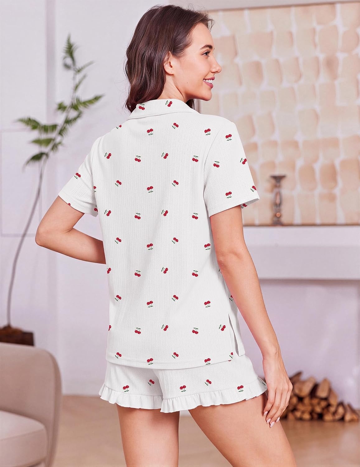 image:imageEkouaer Womens Pajamas Sets Button Down Pjs Cute Short Sleeve Sleepwear Pointelle Fabric PyjamaRuffle Edges ShortsClassic Notch Neck ShirtChest PocketCute LoungewearBridal Party NightwearCherry