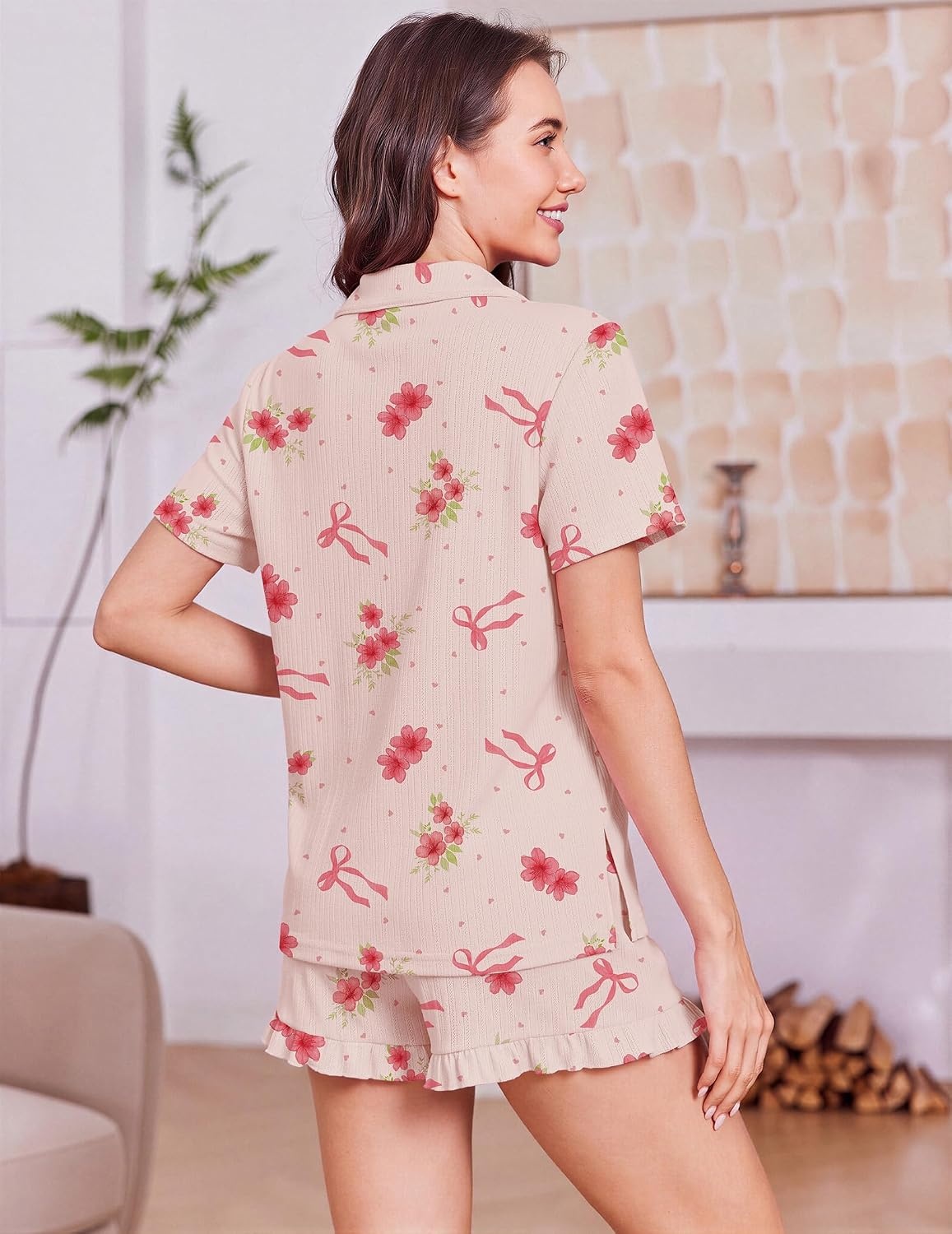 image:imageEkouaer Womens Pajamas Sets Button Down Pjs Cute Short Sleeve Sleepwear Pointelle Fabric PyjamaRuffle Edges ShortsClassic Notch Neck ShirtChest PocketCute LoungewearBridal Party NightwearBow Floral
