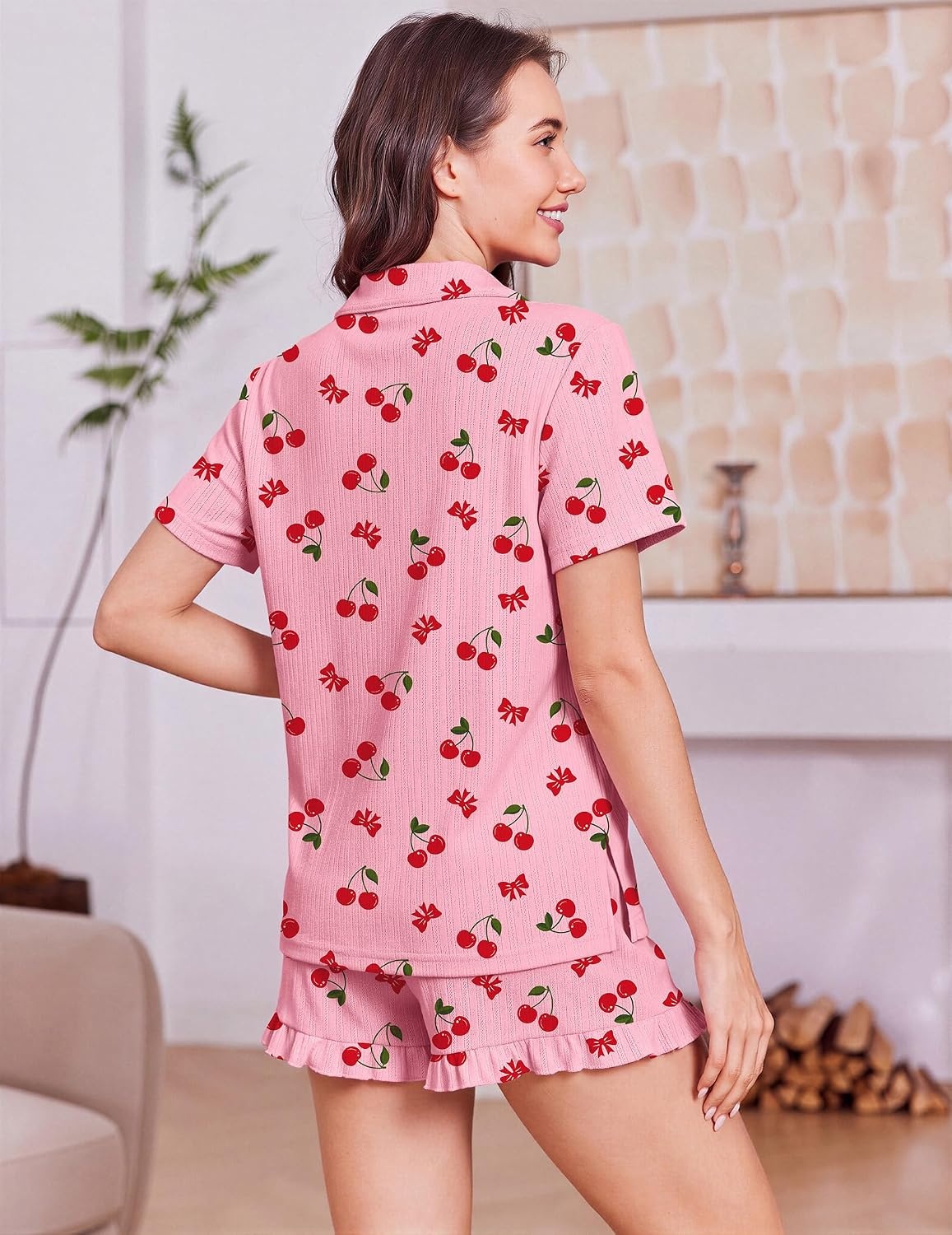 image:imageEkouaer Womens Pajamas Sets Button Down Pjs Cute Short Sleeve Sleepwear Pointelle Fabric PyjamaRuffle Edges ShortsClassic Notch Neck ShirtChest PocketCute LoungewearBridal Party NightwearCherry Bow