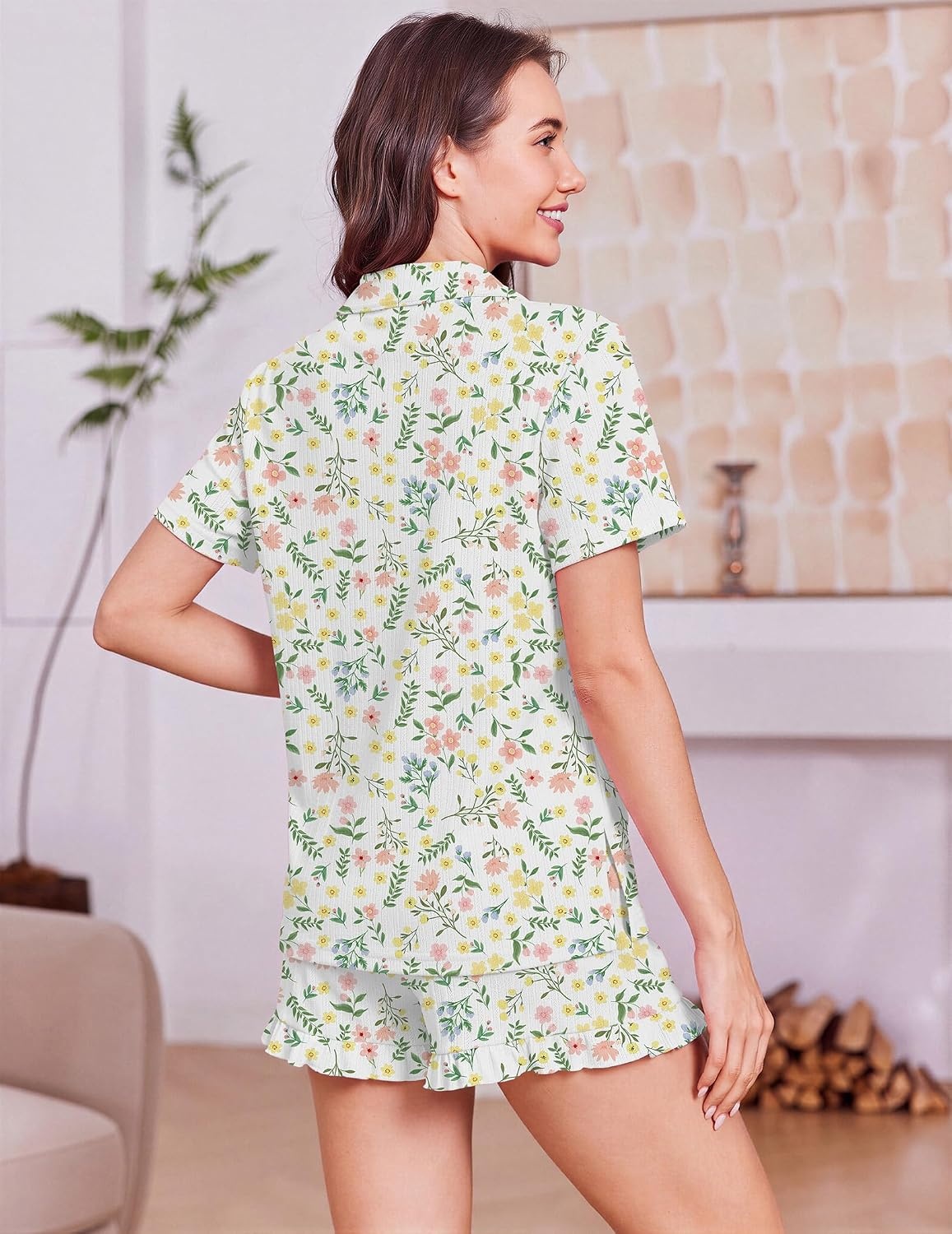 image:imageEkouaer Womens Pajamas Sets Button Down Pjs Cute Short Sleeve Sleepwear Pointelle Fabric PyjamaRuffle Edges ShortsClassic Notch Neck ShirtChest PocketCute LoungewearBridal Party NightwearMulti Floral
