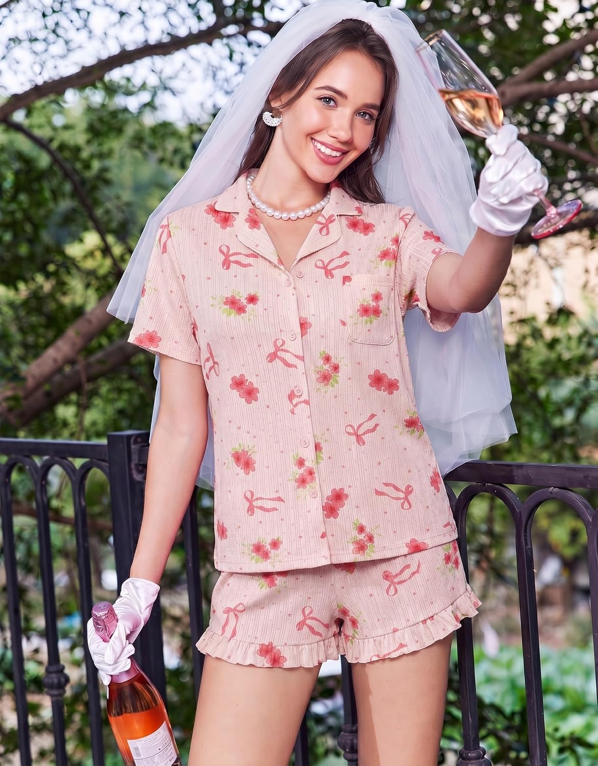image:imageEkouaer Womens Pajamas Sets Button Down Pjs Cute Short Sleeve Sleepwear Pointelle Fabric PyjamaRuffle Edges ShortsClassic Notch Neck ShirtChest PocketCute LoungewearBridal Party NightwearBow Floral