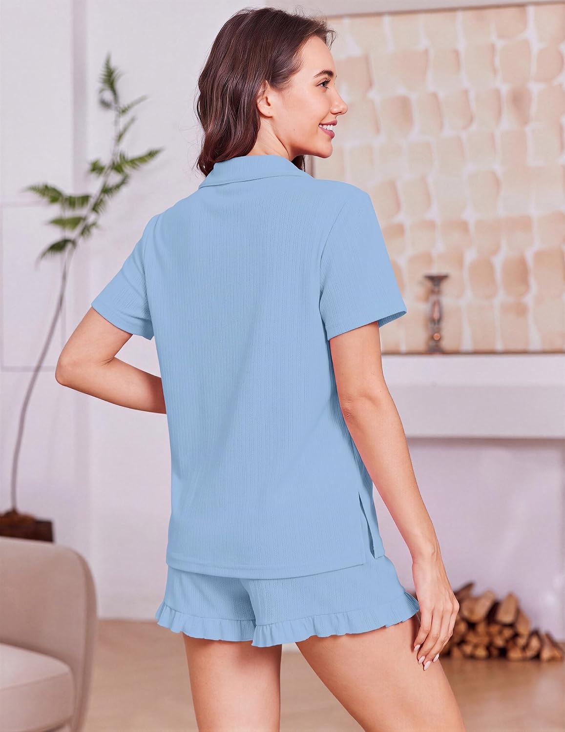 image:imageEkouaer Womens Pajamas Sets Button Down Pjs Cute Short Sleeve Sleepwear Pointelle Fabric PyjamaRuffle Edges ShortsClassic Notch Neck ShirtChest PocketCute LoungewearBridal Party NightwearLight Blue