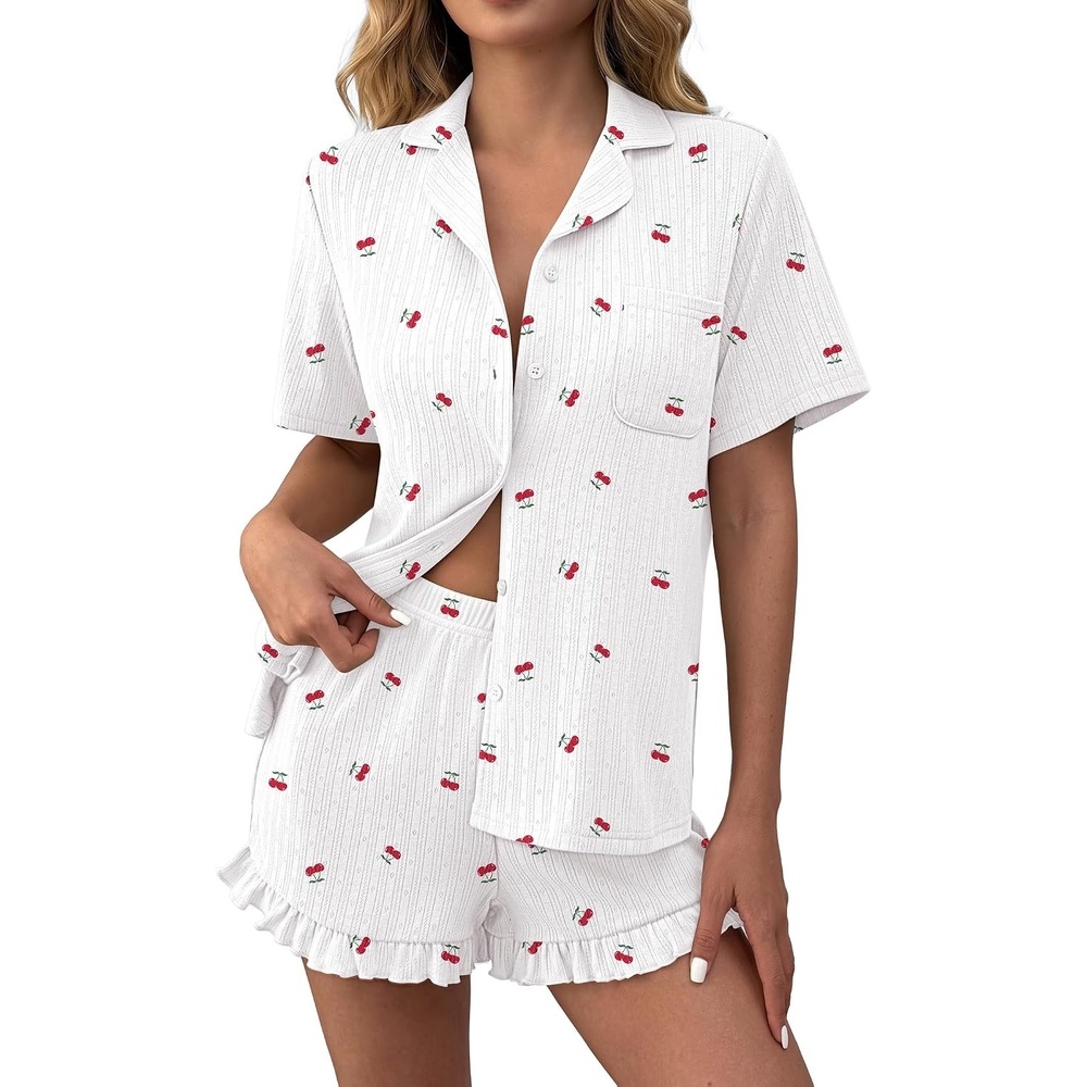 image:imageEkouaer Womens Pajamas Sets Button Down Pjs Cute Short Sleeve Sleepwear Pointelle Fabric PyjamaRuffle Edges ShortsClassic Notch Neck ShirtChest PocketCute LoungewearBridal Party NightwearCherry