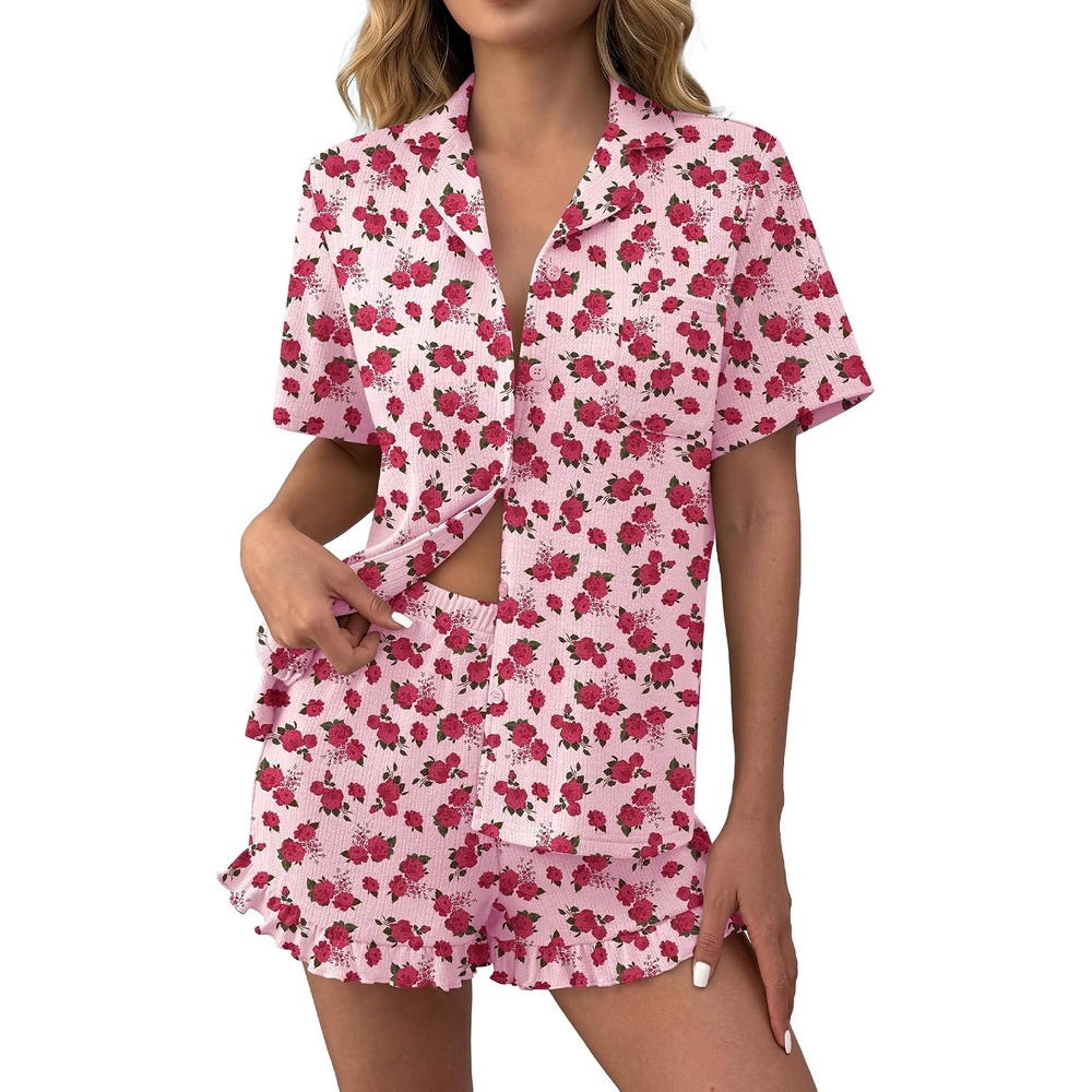 image:imageEkouaer Womens Pajamas Sets Button Down Pjs Cute Short Sleeve Sleepwear Pointelle Fabric PyjamaRuffle Edges ShortsClassic Notch Neck ShirtChest PocketCute LoungewearBridal Party NightwearRed Floral