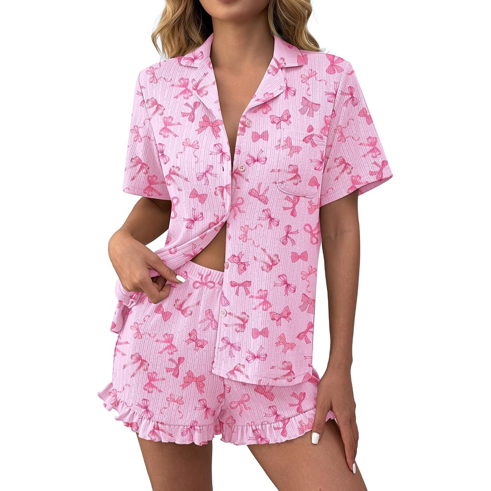 image:imageEkouaer Womens Pajamas Sets Button Down Pjs Cute Short Sleeve Sleepwear Pointelle Fabric PyjamaRuffle Edges ShortsClassic Notch Neck ShirtChest PocketCute LoungewearBridal Party NightwearBow