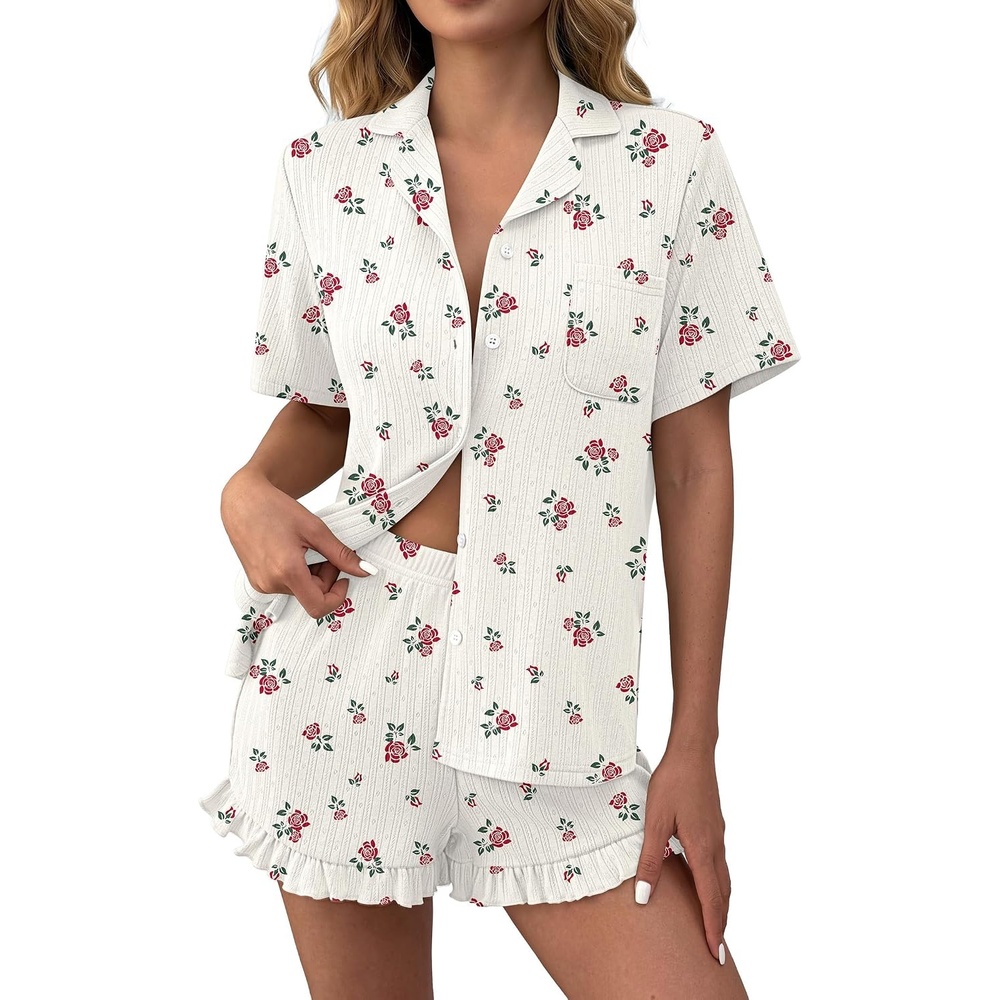 image:imageEkouaer Womens Pajamas Sets Button Down Pjs Cute Short Sleeve Sleepwear Pointelle Fabric PyjamaRuffle Edges ShortsClassic Notch Neck ShirtChest PocketCute LoungewearBridal Party NightwearFloral