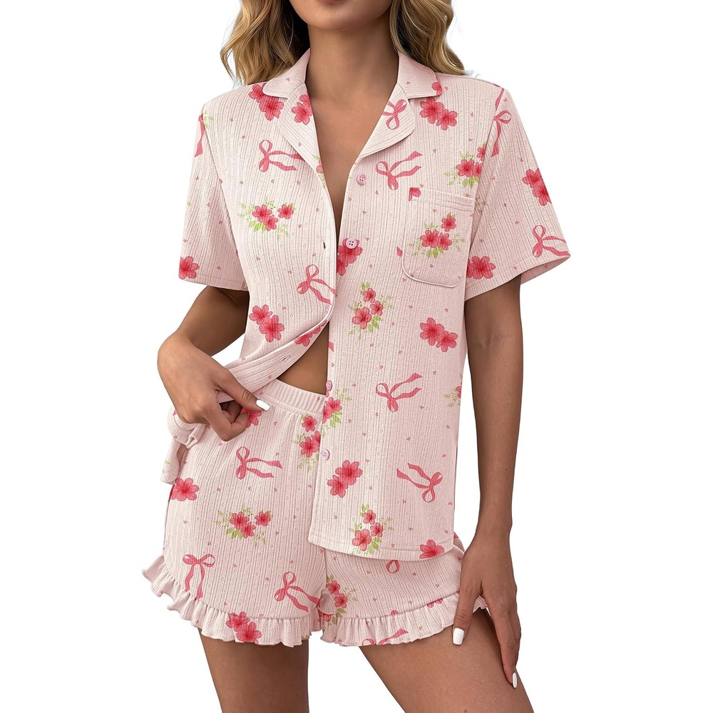 image:imageEkouaer Womens Pajamas Sets Button Down Pjs Cute Short Sleeve Sleepwear Pointelle Fabric PyjamaRuffle Edges ShortsClassic Notch Neck ShirtChest PocketCute LoungewearBridal Party NightwearBow Floral