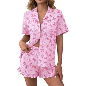 Ekouaer Women’s Pajamas Sets Button Down Pjs Cute Short Sleeve Sleepwear | Pointelle Fabric Pyjama,Ruffle Edges Shorts,Classic Notch Neck Shirt,Chest Pocket,Cute Loungewear,Bridal Party Nightwear(Bow)
