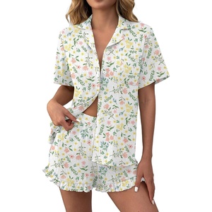 Ekouaer Women’s Pajamas Sets Button Down Pjs Cute Short Sleeve Sleepwear | Pointelle Fabric Pyjama,Ruffle Edges Shorts,Classic Notch Neck Shirt,Chest Pocket,Cute Loungewear,Bridal Party Nightwear(Multi Floral)