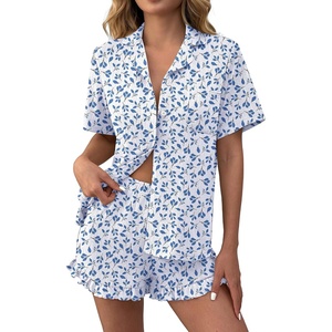 Ekouaer Women’s Pajamas Sets Button Down Pjs Cute Short Sleeve Sleepwear | Pointelle Fabric Pyjama,Ruffle Edges Shorts,Classic Notch Neck Shirt,Chest Pocket,Cute Loungewear,Bridal Party Nightwear(Leaf)