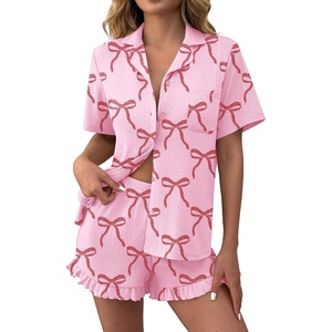 Ekouaer Women’s Pajamas Sets Button Down Pjs Cute Short Sleeve Sleepwear | Pointelle Fabric Pyjama,Ruffle Edges Shorts,Classic Notch Neck Shirt,Chest Pocket,Cute Loungewear,Bridal Party Nightwear(Bow 2)