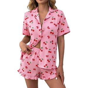 Ekouaer Women’s Pajamas Sets Button Down Pjs Cute Short Sleeve Sleepwear | Pointelle Fabric Pyjama,Ruffle Edges Shorts,Classic Notch Neck Shirt,Chest Pocket,Cute Loungewear,Bridal Party Nightwear(Cherry Bow)
