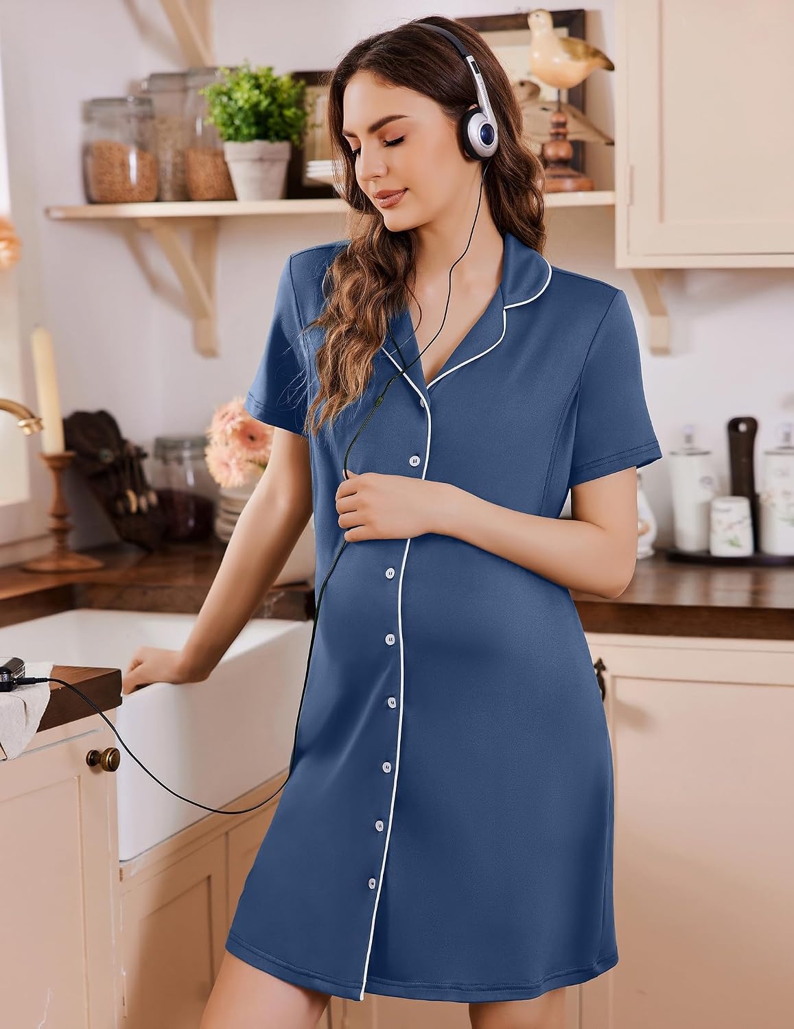 image:imageEkouaer Labor and Delivery Gown for Women Maternity Hospital Gowns with Button Short Sleeve Nursing Nightgown Pajamas DressBlue