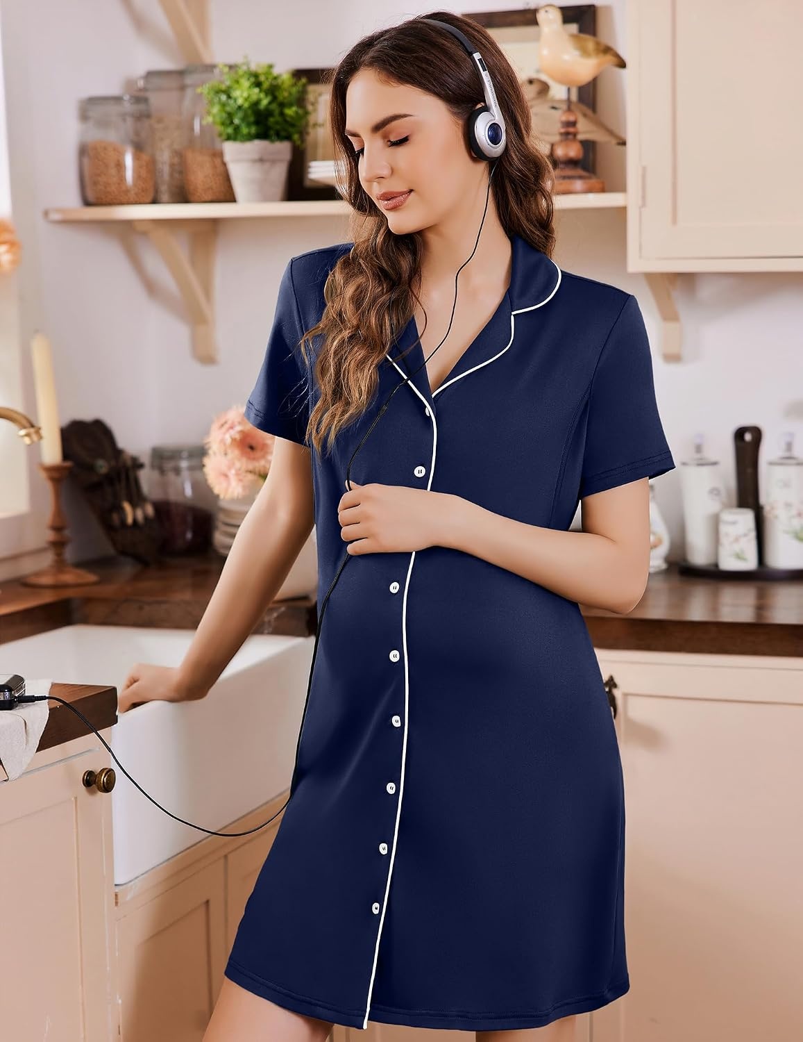 image:imageEkouaer Labor and Delivery Gown for Women Maternity Hospital Gowns with Button Short Sleeve Nursing Nightgown Pajamas DressNavy Blue