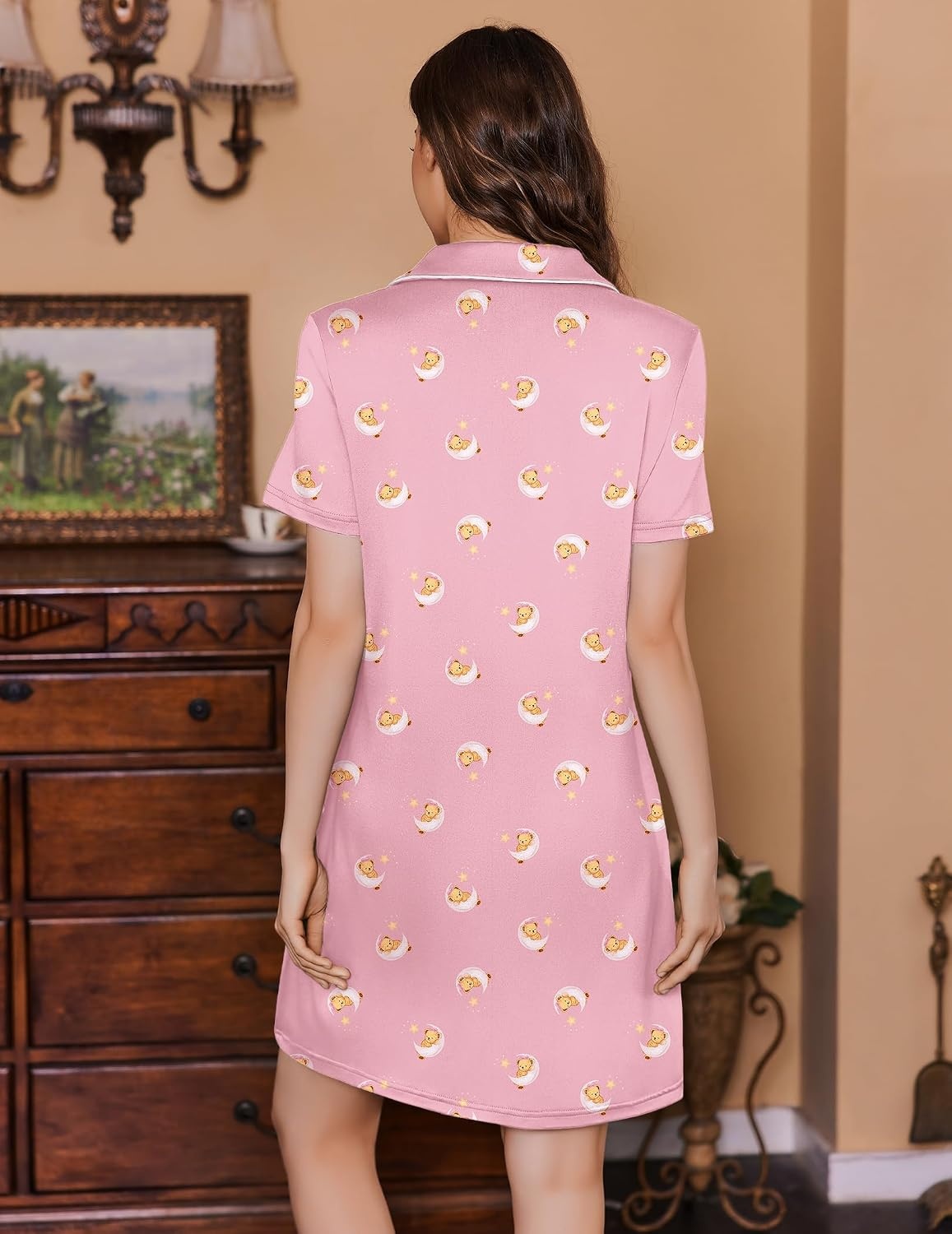 image:imageEkouaer Labor and Delivery Gown for Women Maternity Hospital Gowns with Button Short Sleeve Nursing Nightgown Pajamas DressPink Teddy Bear