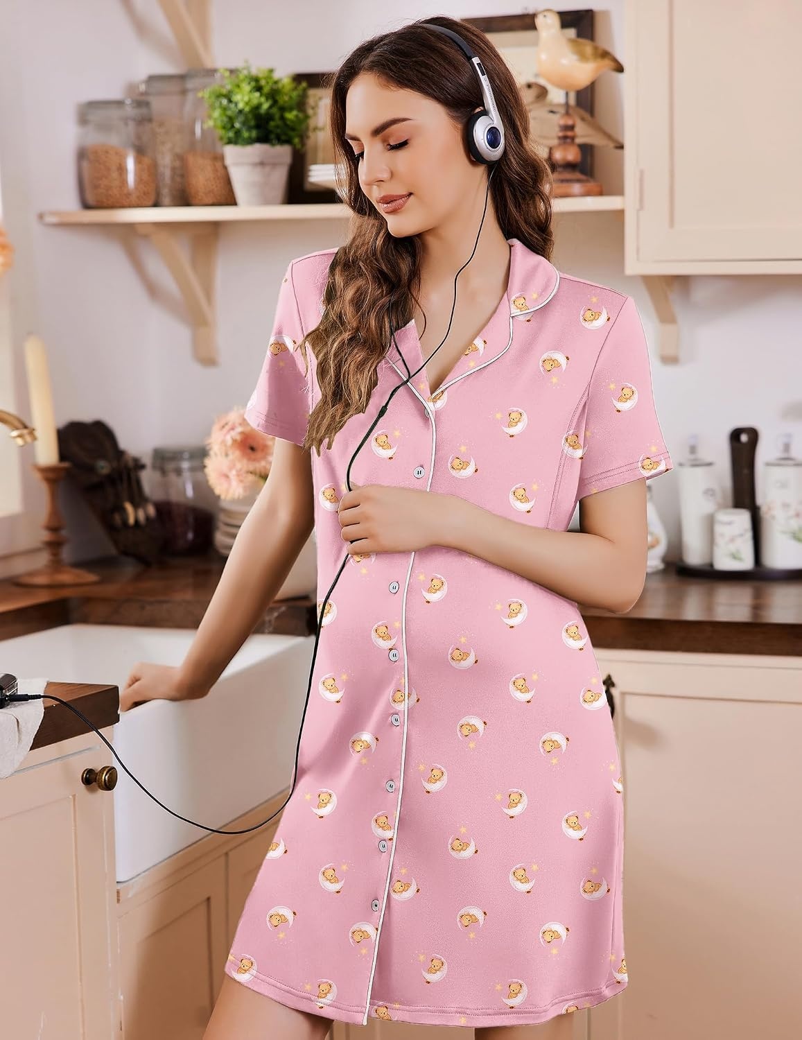 image:imageEkouaer Labor and Delivery Gown for Women Maternity Hospital Gowns with Button Short Sleeve Nursing Nightgown Pajamas DressPink Teddy Bear