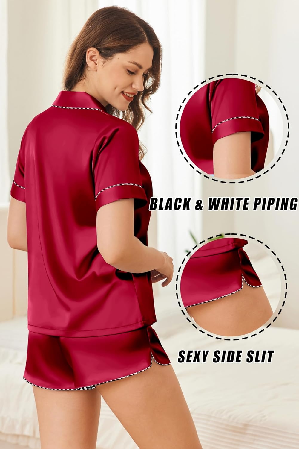 image:imageEkouaer Silk Satin Pajama Sets Contrast Piping Pj Sets Button Down Lounge Sets Bridal Wedding HoneymoonsWine Red