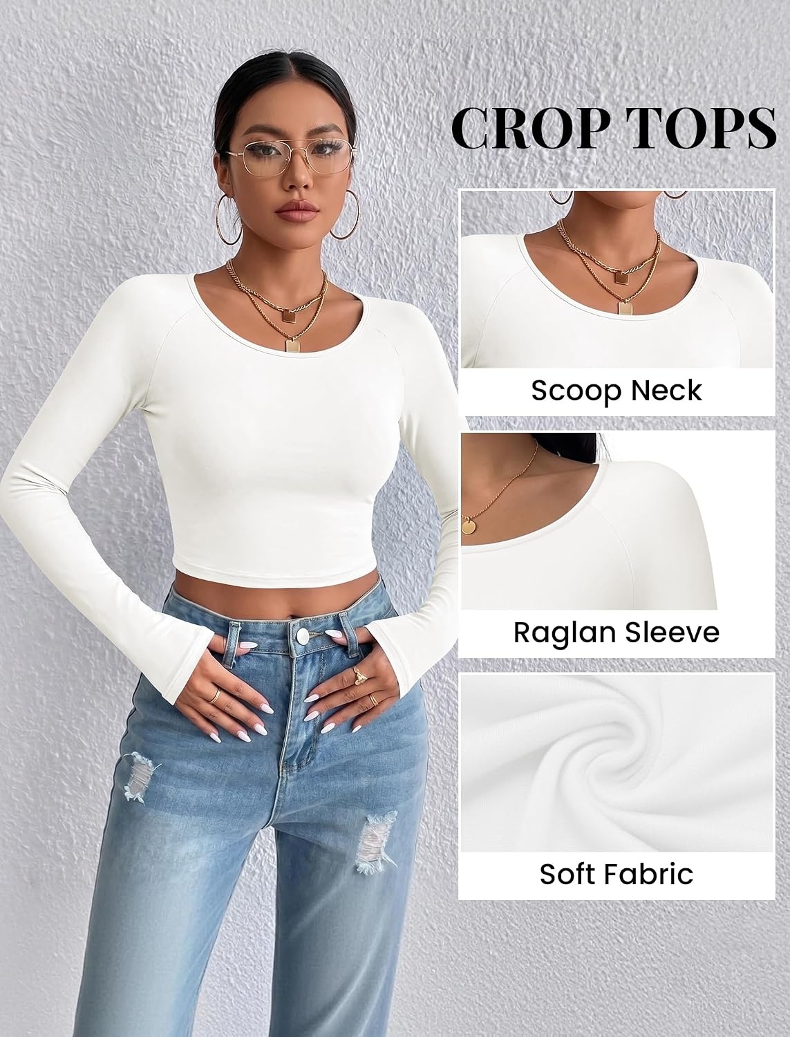 image:imageEkouaer Womens Long Sleeve Crop Tops Scoop Neck Raglan Shirts Slim Fit Underscrub Basic Fashion Clothing XSXXLA White