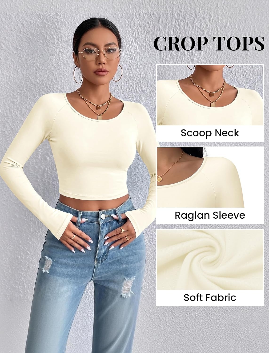 image:imageEkouaer Womens Long Sleeve Crop Tops Scoop Neck Raglan Shirts Slim Fit Underscrub Basic Fashion Clothing XSXXLBeige