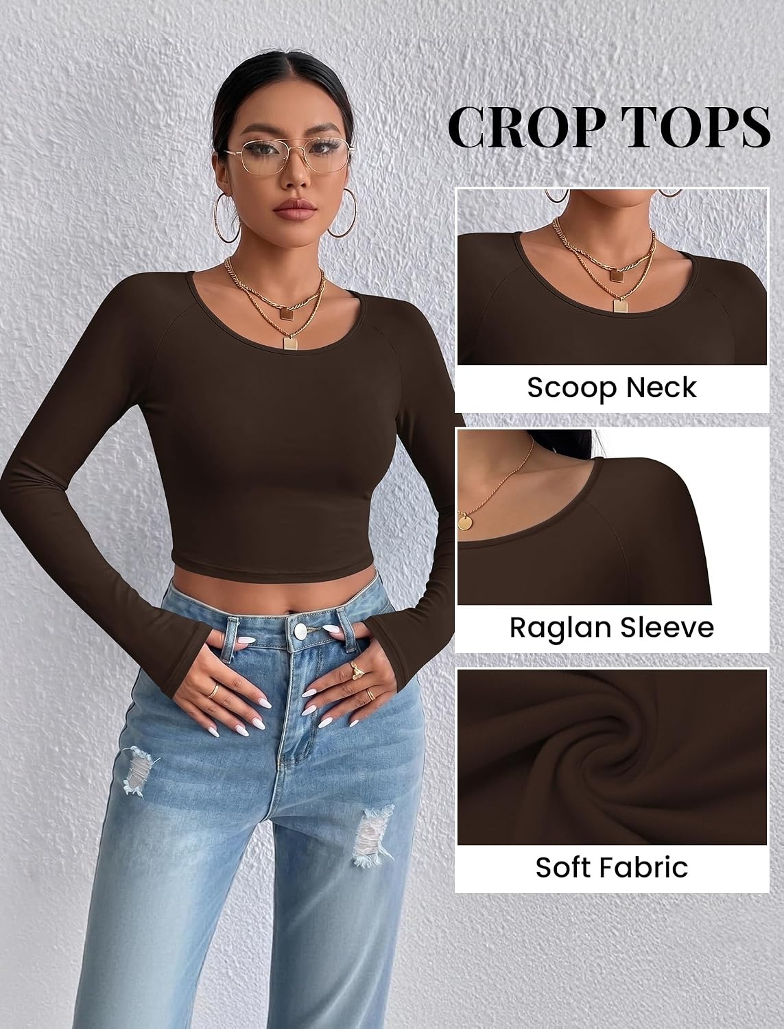 image:imageEkouaer Womens Long Sleeve Crop Tops Scoop Neck Raglan Shirts Slim Fit Underscrub Basic Fashion Clothing XSXXLBrown