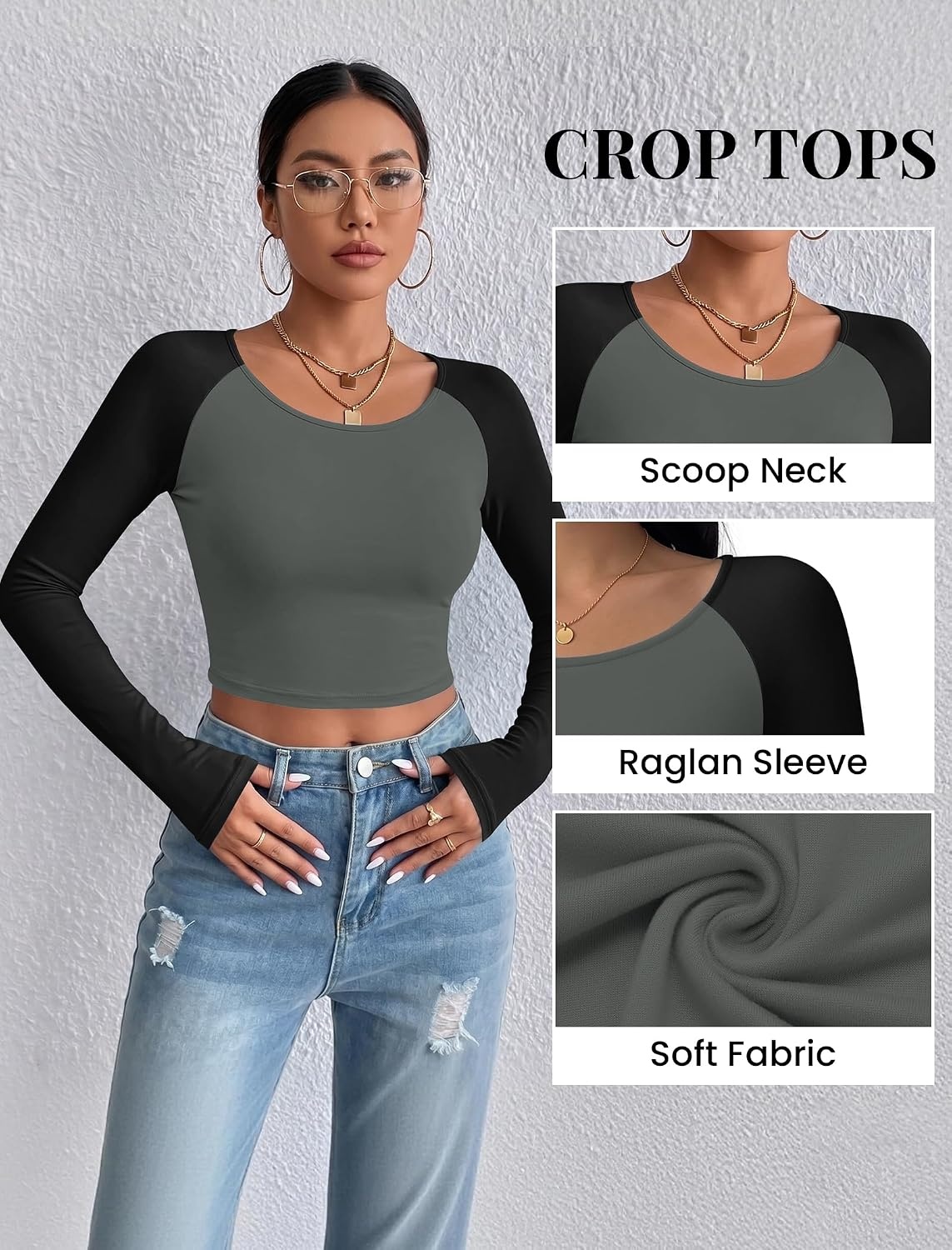 image:imageEkouaer Womens Long Sleeve Crop Tops Scoop Neck Raglan Shirts Slim Fit Underscrub Basic Fashion Clothing XSXXLGrey Black Combo