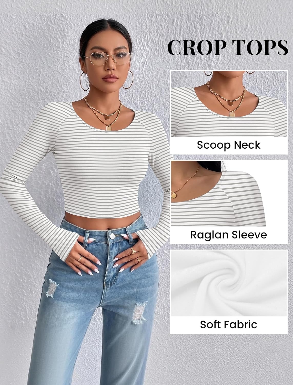 image:imageEkouaer Womens Long Sleeve Crop Tops Scoop Neck Raglan Shirts Slim Fit Underscrub Basic Fashion Clothing XSXXLGrey White Striped