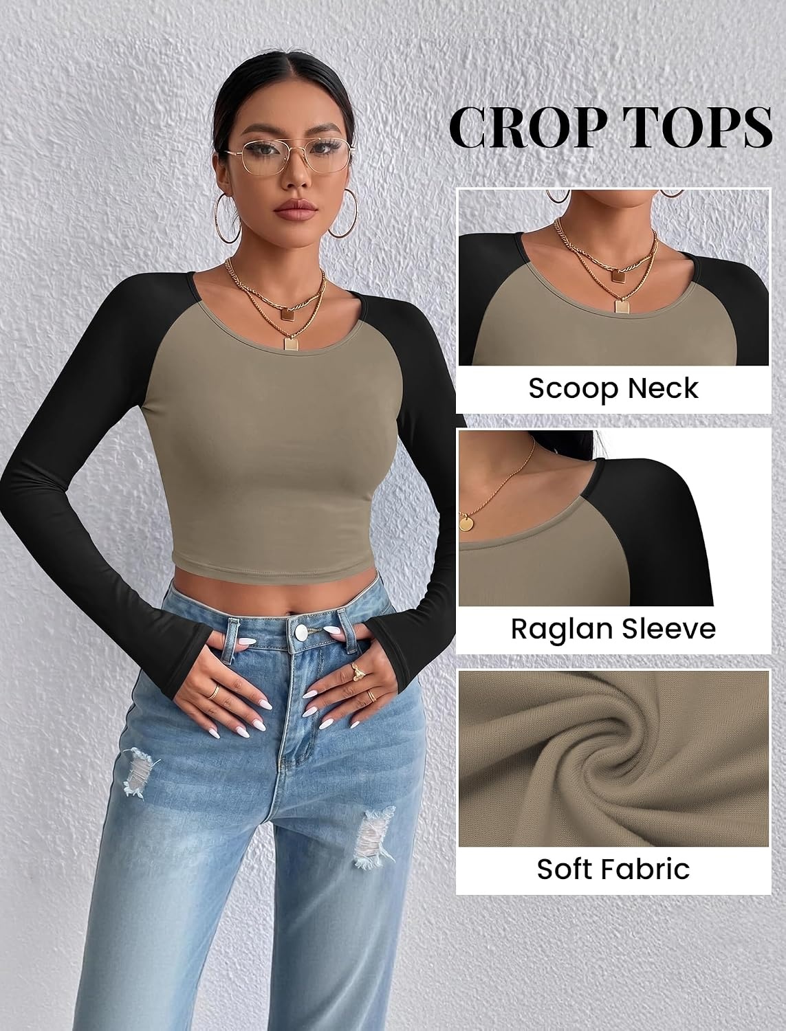 image:imageEkouaer Womens Long Sleeve Crop Tops Scoop Neck Raglan Shirts Slim Fit Underscrub Basic Fashion Clothing XSXXLMocha Black Combo
