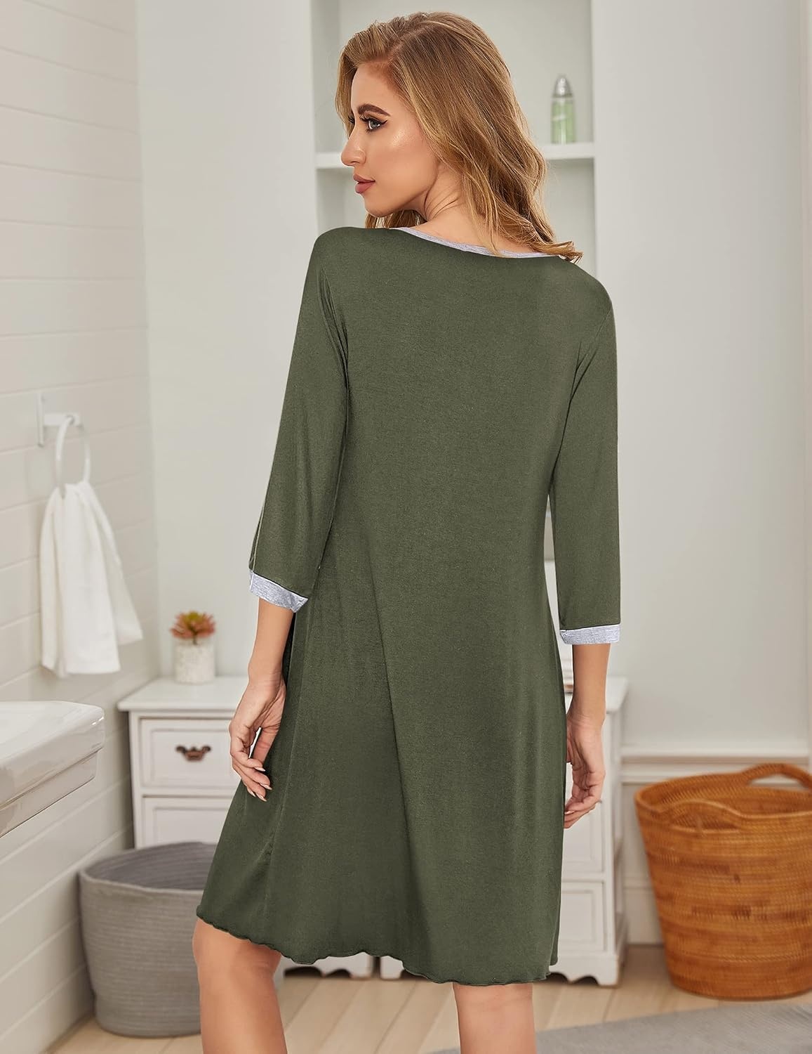 image:imageEkouaer Womens Pleated Nightgown Soft Sleep Shirt 34 Sleeve Pajama Dress Scoopneck Sleep Tee Nightshirt Sleepwear S3XLArmy Green