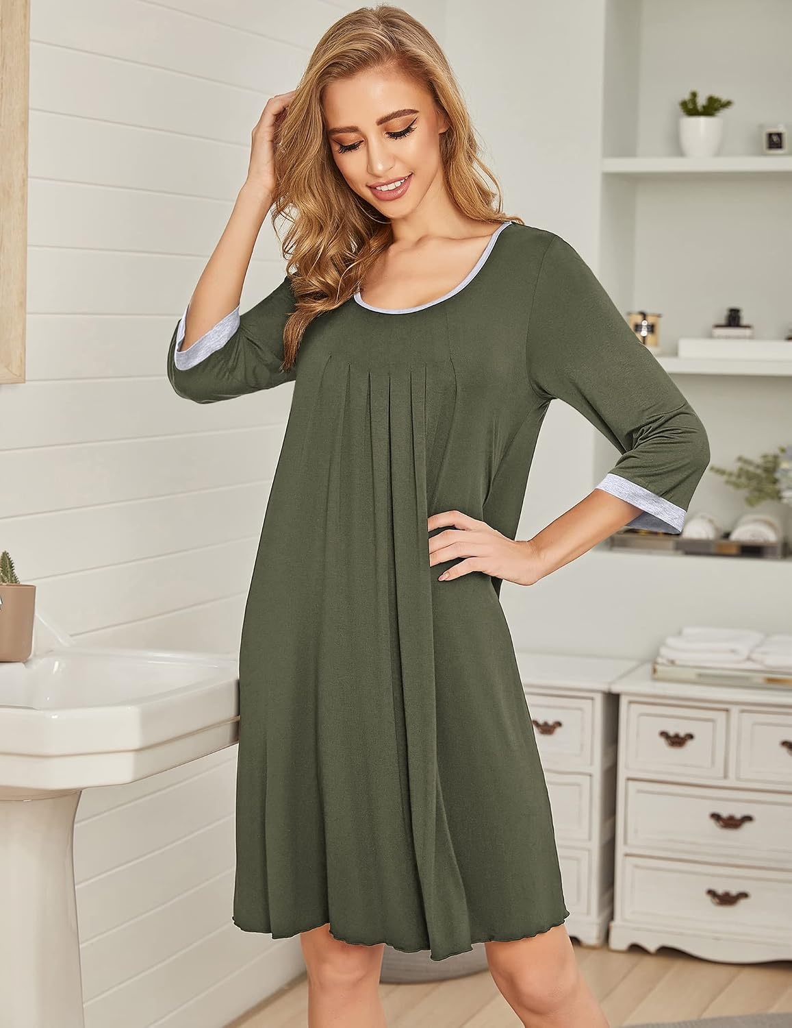 image:imageEkouaer Womens Pleated Nightgown Soft Sleep Shirt 34 Sleeve Pajama Dress Scoopneck Sleep Tee Nightshirt Sleepwear S3XLArmy Green