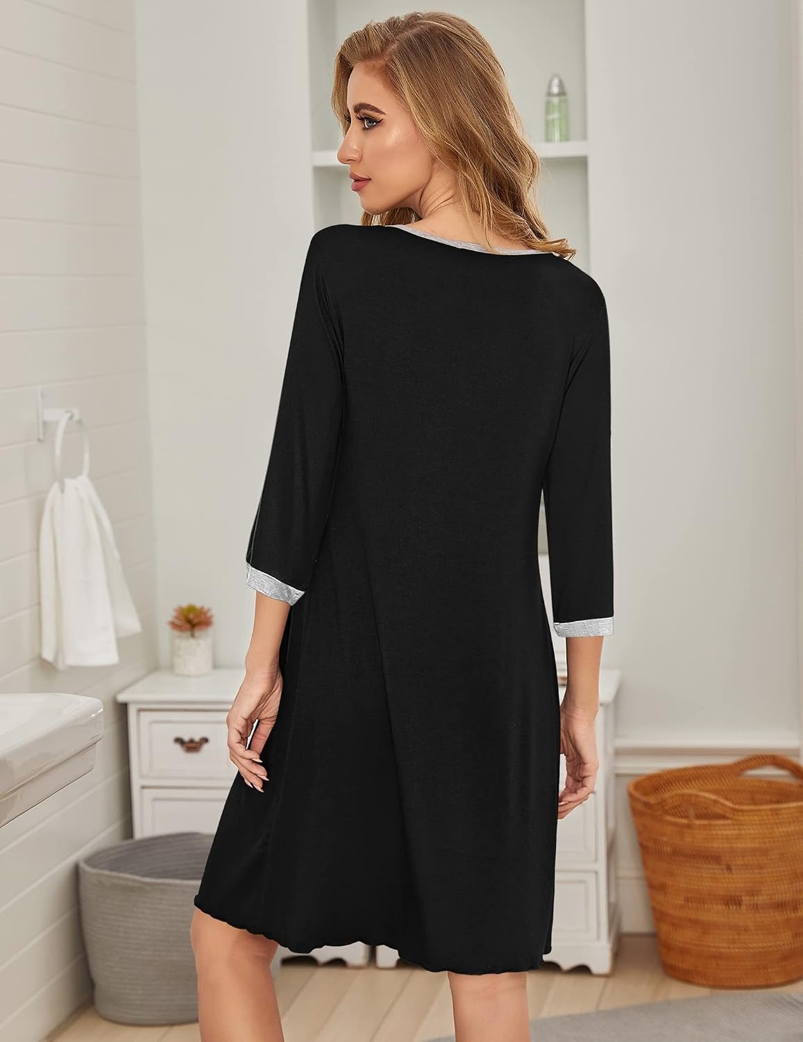 image:imageEkouaer Womens Pleated Nightgown Soft Sleep Shirt 34 Sleeve Pajama Dress Scoopneck Sleep Tee Nightshirt Sleepwear S3XLBlack