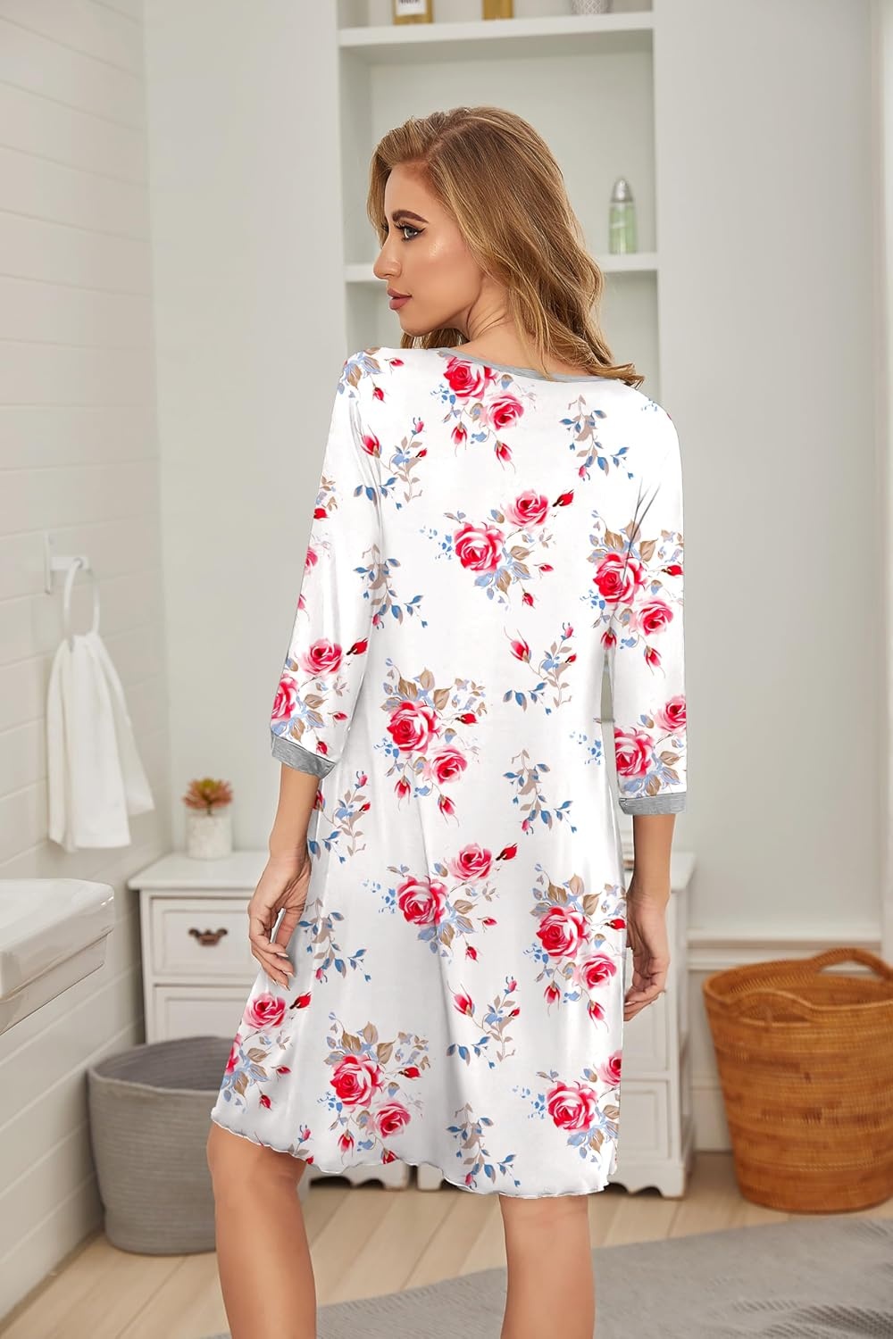 image:imageEkouaer Womens Pleated Nightgown Soft Sleep Shirt 34 Sleeve Pajama Dress Scoopneck Sleep Tee Nightshirt Sleepwear S3XLFloral Rose White