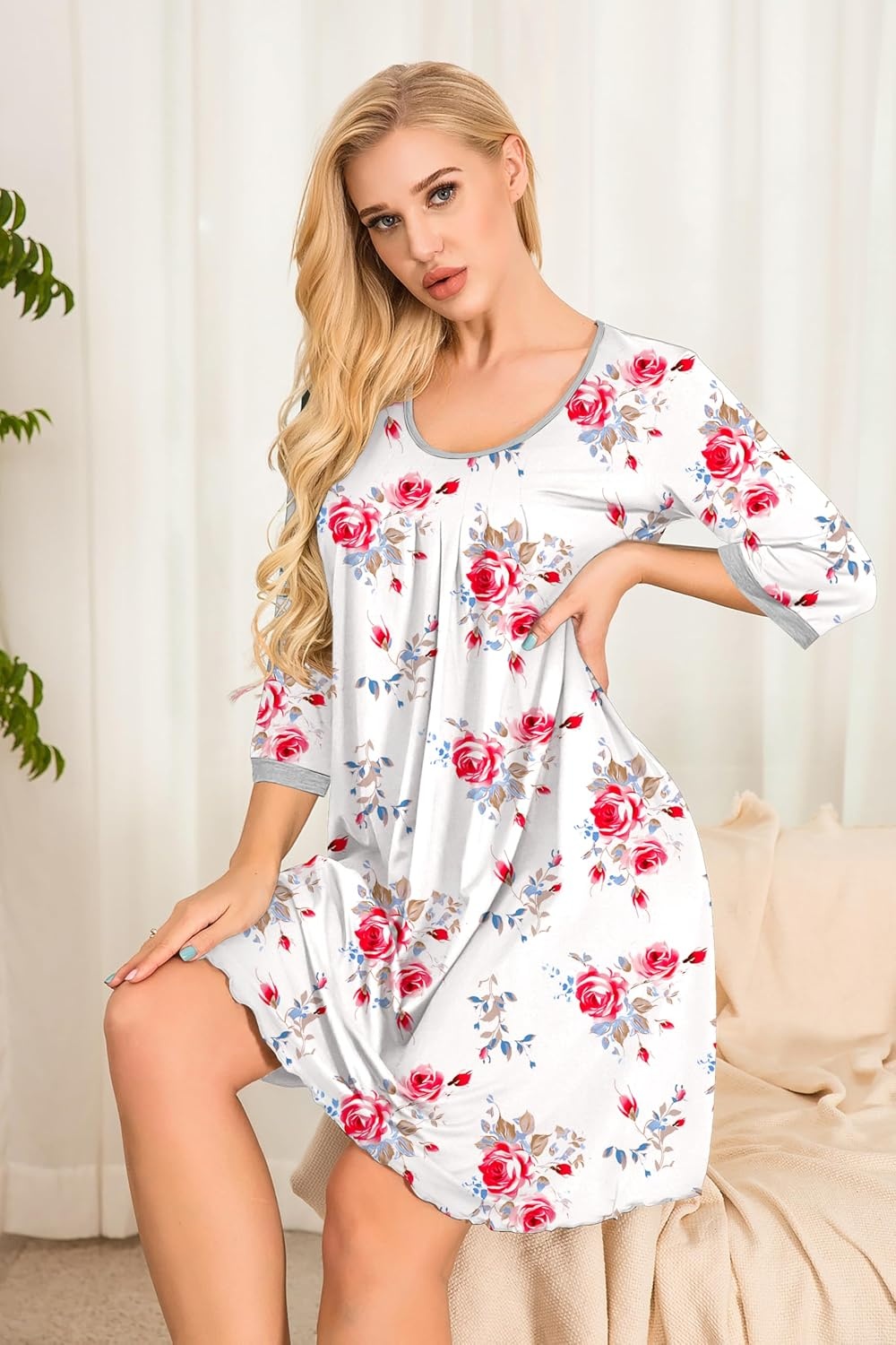 image:imageEkouaer Womens Pleated Nightgown Soft Sleep Shirt 34 Sleeve Pajama Dress Scoopneck Sleep Tee Nightshirt Sleepwear S3XLFloral Rose White