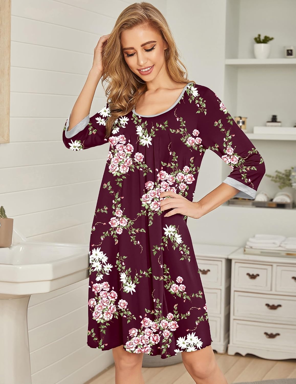 image:imageEkouaer Womens Pleated Nightgown Soft Sleep Shirt 34 Sleeve Pajama Dress Scoopneck Sleep Tee Nightshirt Sleepwear S3XLFloral Wine Red