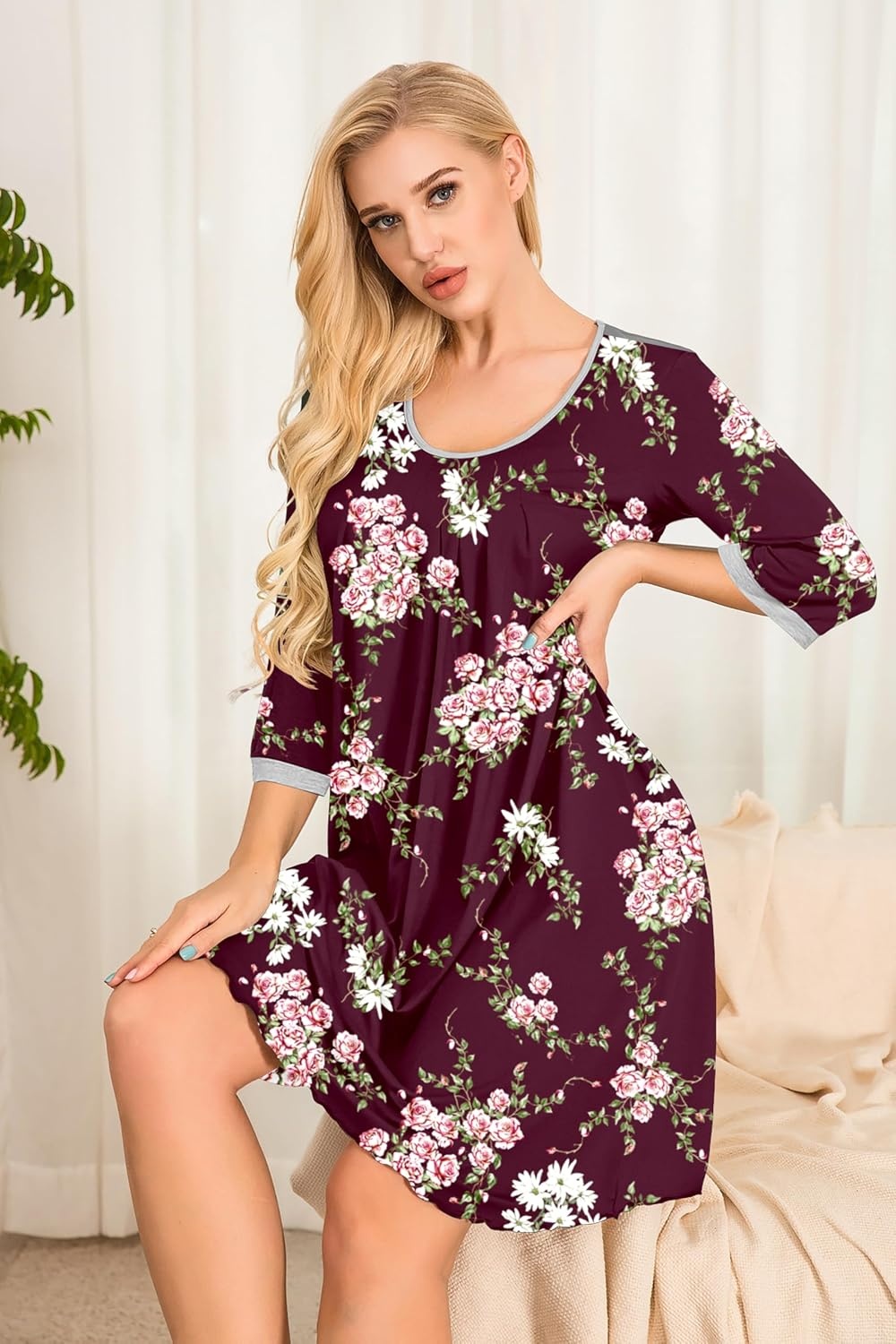 image:imageEkouaer Womens Pleated Nightgown Soft Sleep Shirt 34 Sleeve Pajama Dress Scoopneck Sleep Tee Nightshirt Sleepwear S3XLFloral Wine Red