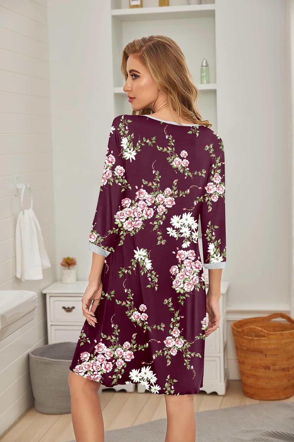 image:imageEkouaer Womens Pleated Nightgown Soft Sleep Shirt 34 Sleeve Pajama Dress Scoopneck Sleep Tee Nightshirt Sleepwear S3XLFloral Wine Red