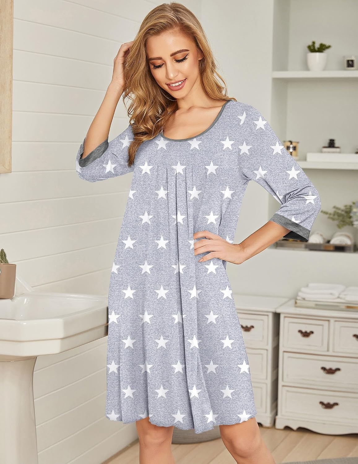 image:imageEkouaer Womens Pleated Nightgown Soft Sleep Shirt 34 Sleeve Pajama Dress Scoopneck Sleep Tee Nightshirt Sleepwear S3XLGray Star