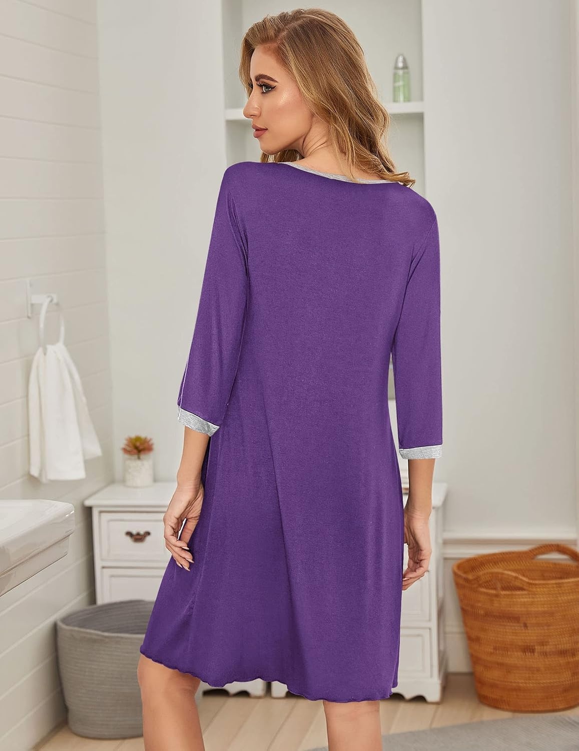 image:imageEkouaer Womens Pleated Nightgown Soft Sleep Shirt 34 Sleeve Pajama Dress Scoopneck Sleep Tee Nightshirt Sleepwear S3XLPurple