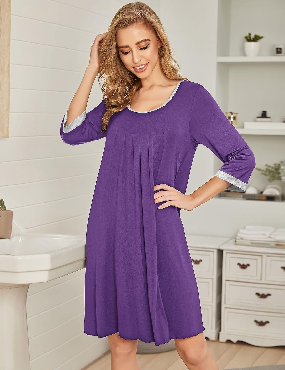 image:imageEkouaer Womens Pleated Nightgown Soft Sleep Shirt 34 Sleeve Pajama Dress Scoopneck Sleep Tee Nightshirt Sleepwear S3XLPurple