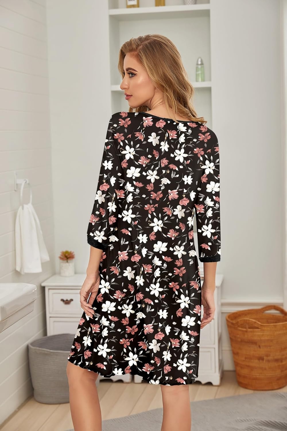 image:imageEkouaer Womens Pleated Nightgown Soft Sleep Shirt 34 Sleeve Pajama Dress Scoopneck Sleep Tee Nightshirt Sleepwear S3XLWhite Red Floral