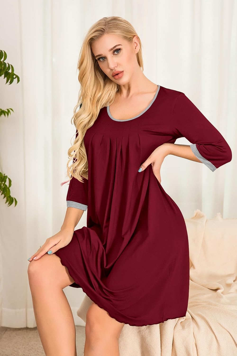 image:imageEkouaer Womens Pleated Nightgown Soft Sleep Shirt 34 Sleeve Pajama Dress Scoopneck Sleep Tee Nightshirt Sleepwear S3XLWine Red