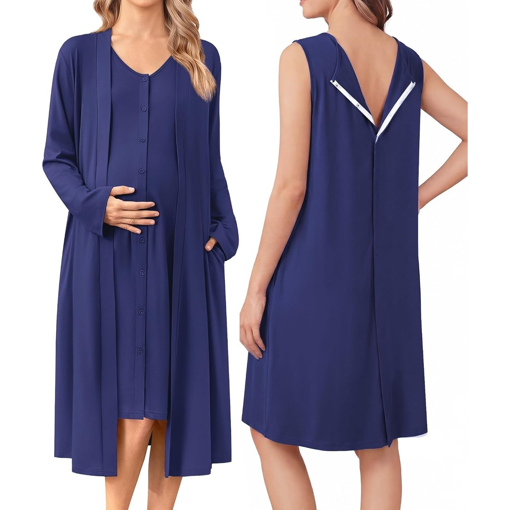 image:imageEkouaer Labor and Delivery Gown and Robe Set for Hospital Nursing NightgownNavy Blue
