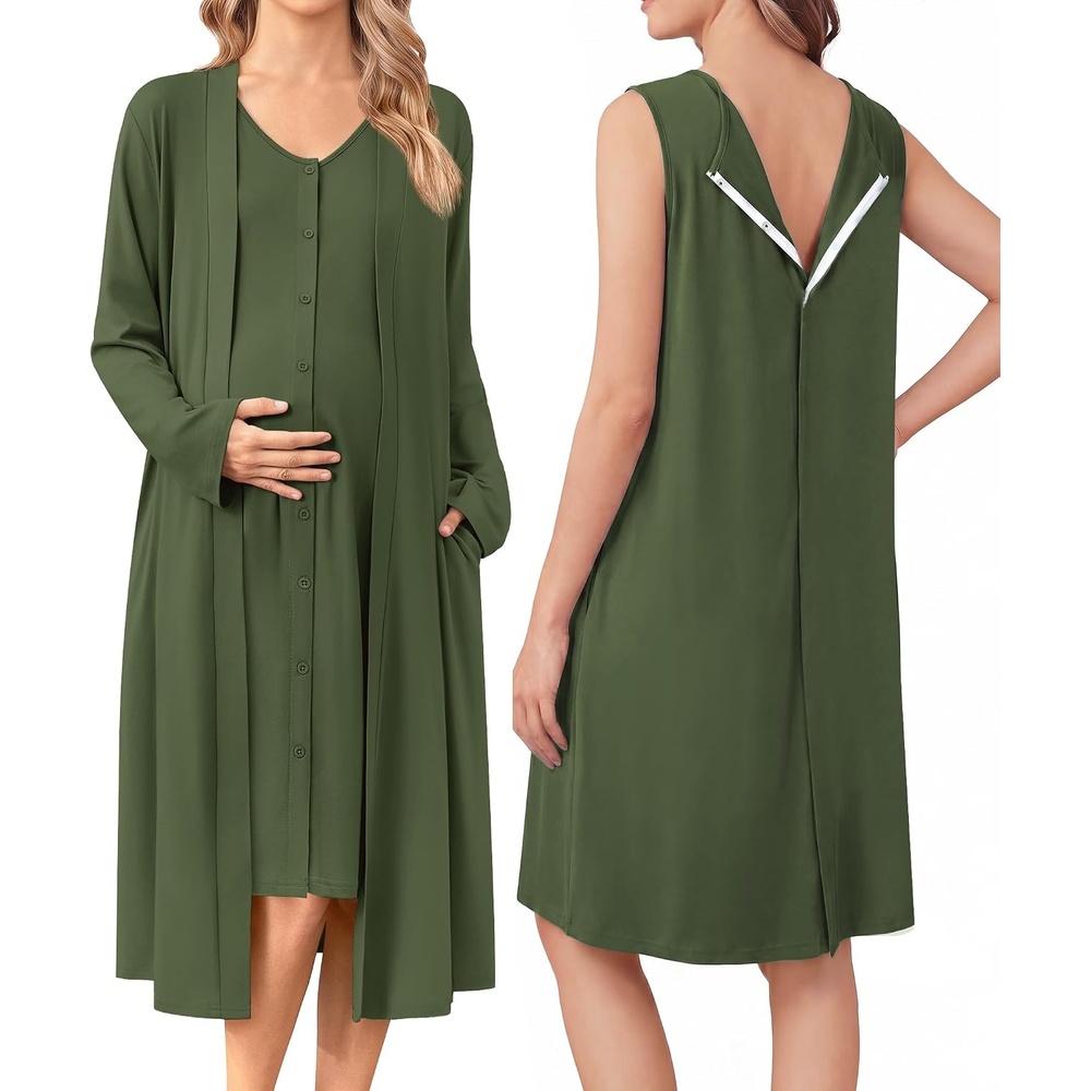 image:imageEkouaer Labor and Delivery Gown and Robe Set for Hospital Nursing NightgownOlive Green