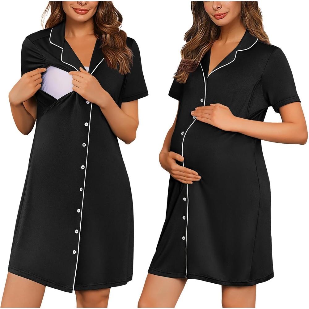 image:imageEkouaer Labor and Delivery Gown for Women Maternity Hospital Gowns with Button Short Sleeve Nursing Nightgown Pajamas DressBlack