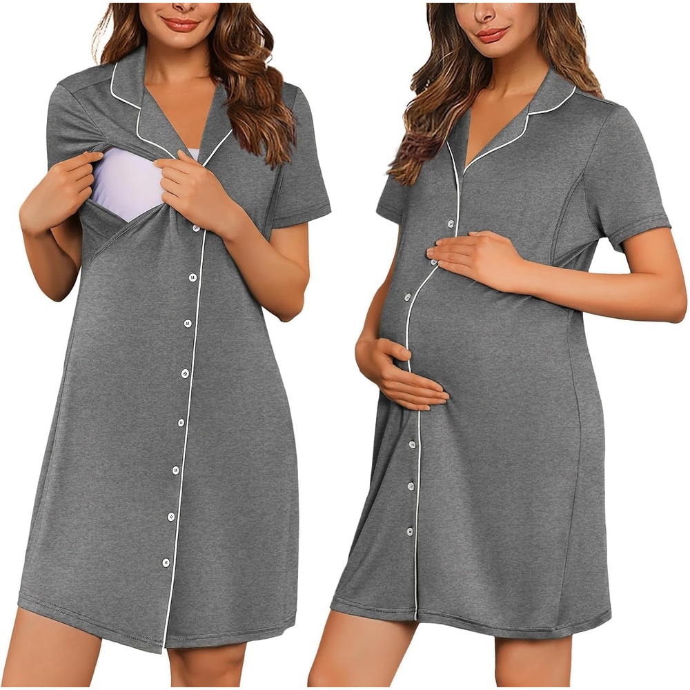 image:imageEkouaer Labor and Delivery Gown for Women Maternity Hospital Gowns with Button Short Sleeve Nursing Nightgown Pajamas DressGrey
