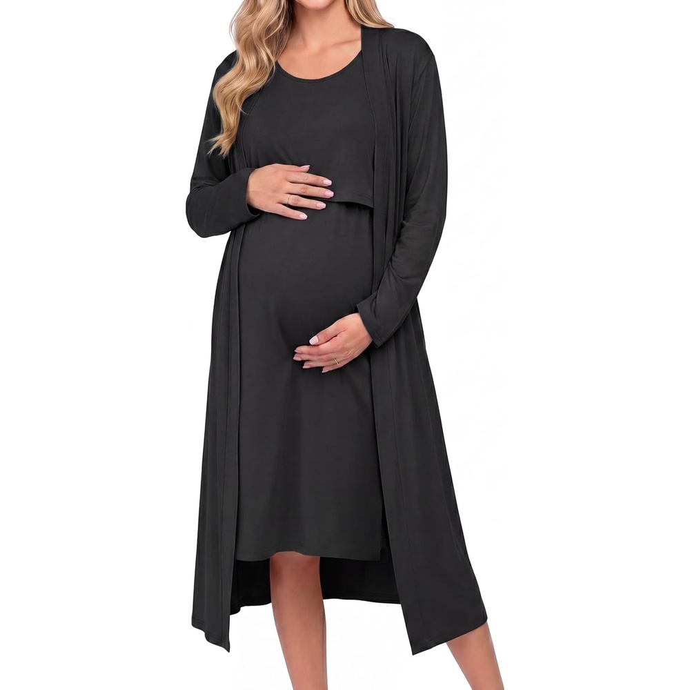 image:imageEkouaer Maternity Nursing Gown and Robe Set Labor Delivery NightgownBlack
