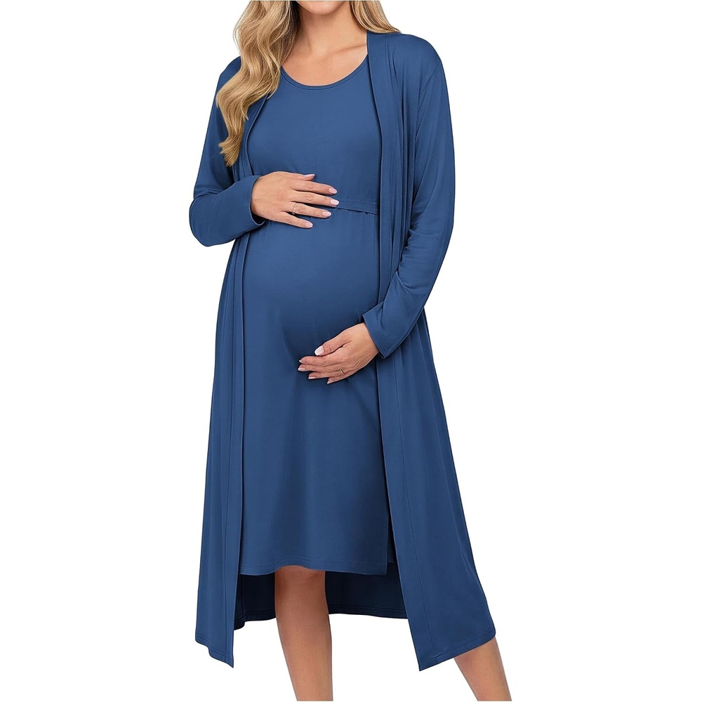 image:imageEkouaer Maternity Nursing Gown and Robe Set Labor Delivery NightgownBlue
