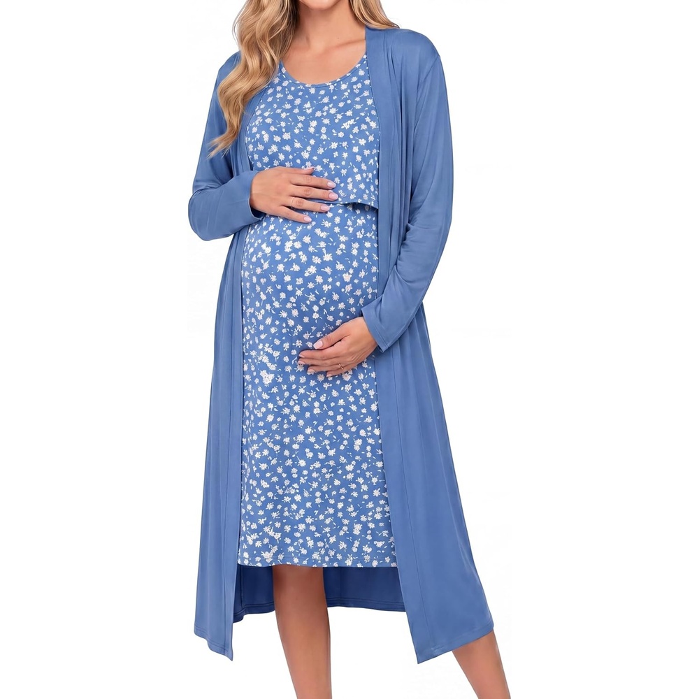 image:imageEkouaer Maternity Nursing Gown and Robe Set Labor Delivery NightgownBlue Daisy