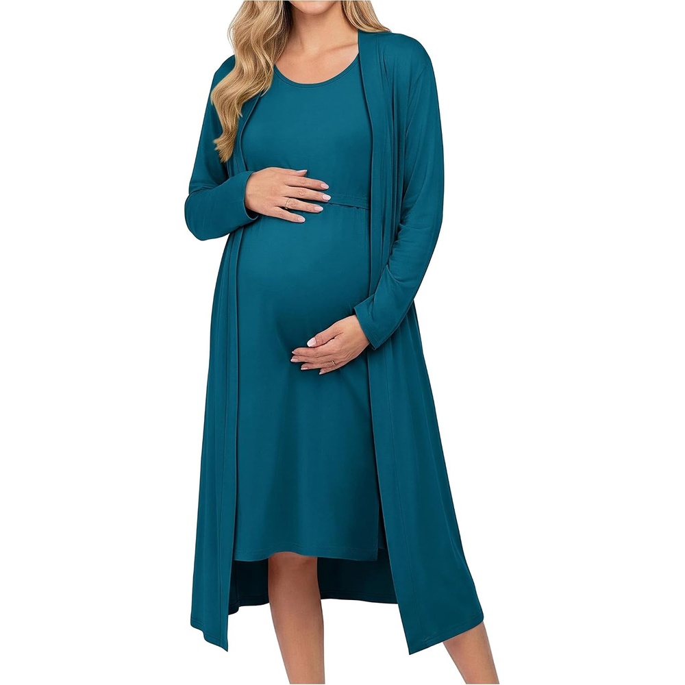 image:imageEkouaer Maternity Nursing Gown and Robe Set Labor Delivery NightgownBlue Green